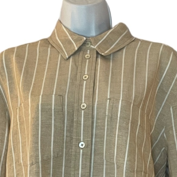 Liverpool Tan and White Stripe Button Down Shirt with Fray Hem 3/4 Sleeve Size 8 - Picture 4 of 9